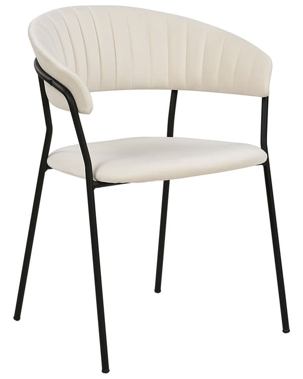 Uppsättning med 2 matstolar Klädsel i krämfärgad sammet Svarta metallben med armstöd Böjt ryggstöd Modern och samtida design