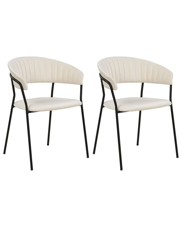 Uppsättning med 2 matstolar Klädsel i krämfärgad sammet Svarta metallben med armstöd Böjt ryggstöd Modern och samtida design