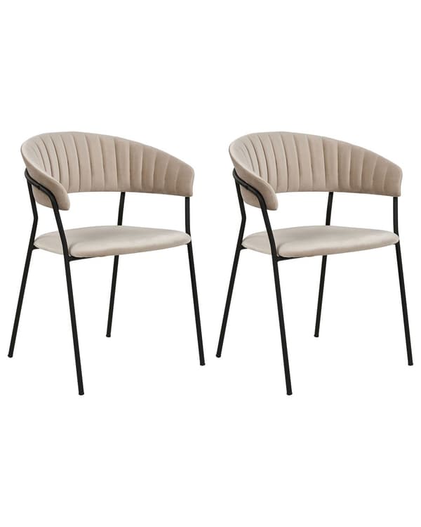 Uppsättning med 2 matstolar Taupe sammet tygklädsel Svarta metallben med armstöd Böjt ryggstöd Modern modern design