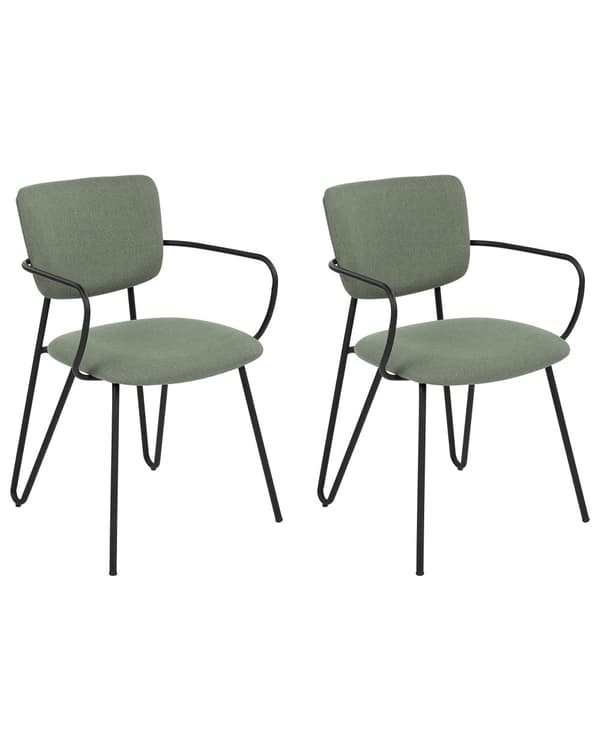 Uppsättning med 2 matstolar Mörkgrön polyester med strukturell tygklädsel Svarta metallben Armlöst böjt ryggstöd Modern modern design