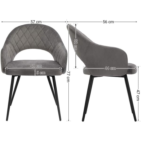 Rootz Spisestuestol - Køkkenstol - Armlæn - Polstret - Metal - Grå - 57 x 56 x 77 cm