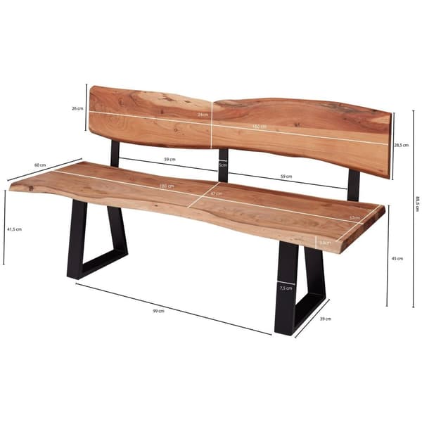 Rootz værelses spisebord 180x85,5x60 cm akaciebænk i massivt træ med trækant - Bænk træbænk med ryglæn - Køkkenbænk spisestuebænk i træ i landlig stil