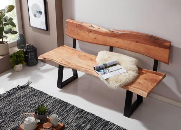 Rootz værelses spisebordsbænk 160x83,5x60 cm akaciebænk i massivt træ med trækant - Bænk træbænk med ryglæn - Køkkenbænk spisestuebænk i træ i landlig