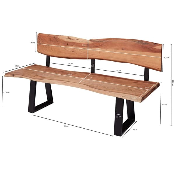 Rootz værelses spisebordsbænk 160x83,5x60 cm akaciebænk i massivt træ med trækant - Bænk træbænk med ryglæn - Køkkenbænk spisestuebænk i træ i landlig
