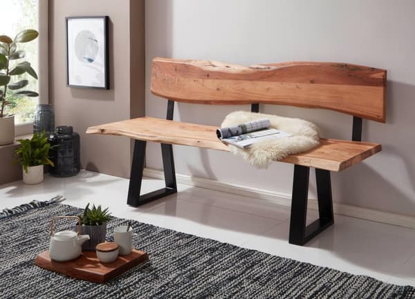 Rootz værelses spisebordsbænk 160x83,5x60 cm akaciebænk i massivt træ med trækant - Bænk træbænk med ryglæn - Køkkenbænk spisestuebænk i træ i landlig