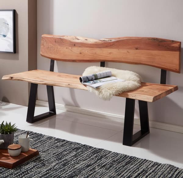 Rootz værelses spisebordsbænk 160x83,5x60 cm akaciebænk i massivt træ med trækant - Bænk træbænk med ryglæn - Køkkenbænk spisestuebænk i træ i landlig