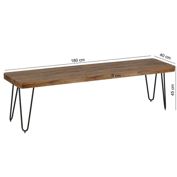 Rootz siddebænk Massivt træ Sheesham 180 x 45 x 40 cm træbænk naturprodukt køkkenbænk i landlig stil