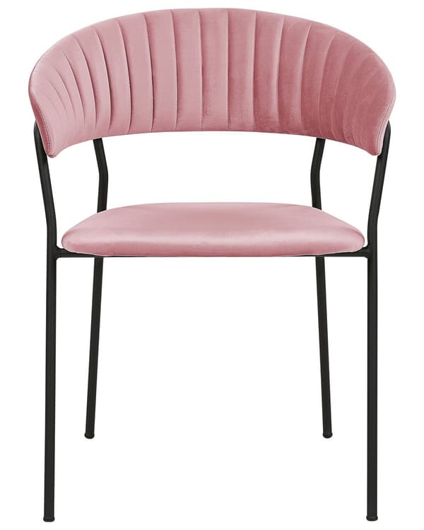 Sett med 2 spisestoler Rosa Fløyel Svarte metallben Armlener Buet ryggstøtte Moderne design Kjøkken Spisestue