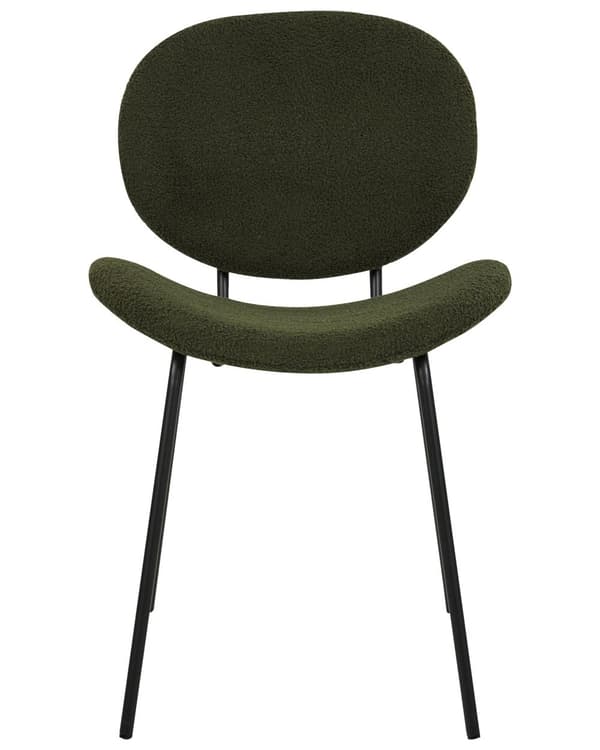 Uppsättning med 2 matstolar Mörkgröna armlösa benkåpor Boucle Svarta järnben Modern retrodesign Sittplatser i matsalen