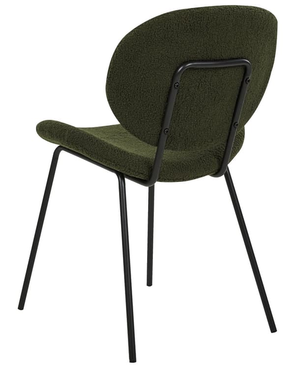 Uppsättning med 2 matstolar Mörkgröna armlösa benkåpor Boucle Svarta järnben Modern retrodesign Sittplatser i matsalen