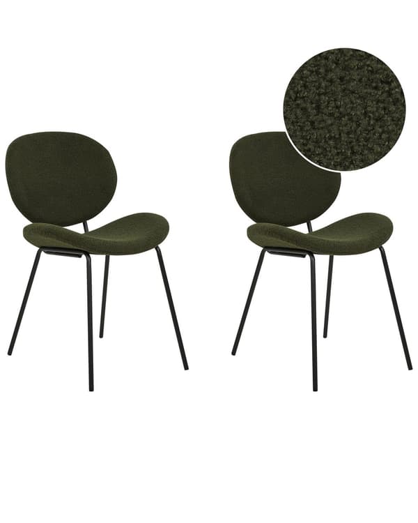 Uppsättning med 2 matstolar Mörkgröna armlösa benkåpor Boucle Svarta järnben Modern retrodesign Sittplatser i matsalen
