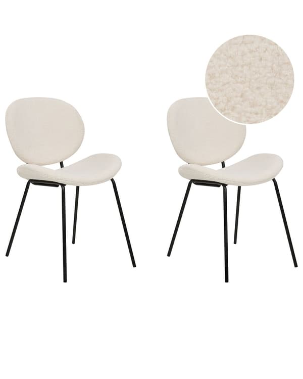 Uppsättning med 2 matstolar Vita armlösa benkåpor Boucle Svarta järnben Modern retrodesign Sittplatser i matsalen