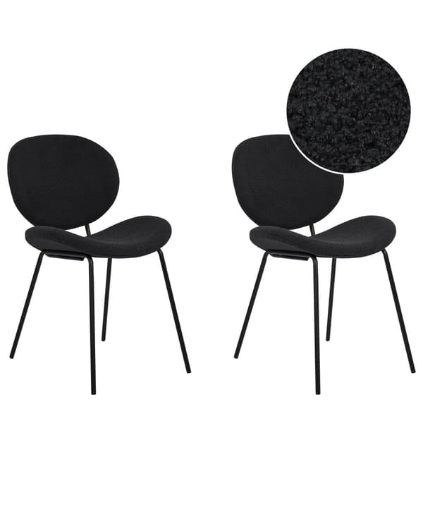 Uppsättning med 2 matstolar Svarta armlösa benkåpor Boucle Svarta järnben Modern retrodesign Sittplatser i matsalen