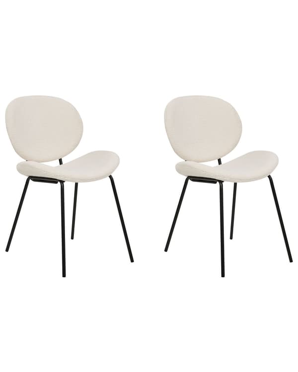Sett med 2 spisestoler Hvit Bouclé Svarte jernben Benhetter Moderne Retro Spisestue Kjøkken Sitteplasser