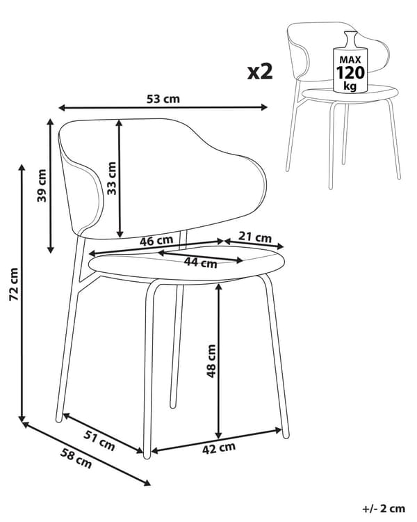 Set med 2 Matstolar Orange tygklädsel Svarta metallben Armlöst böjt ryggstöd Modern design