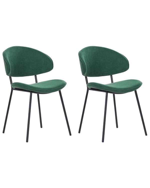 Uppsättning med 2 Matstolar Grön tygklädsel Svarta metallben Armlöst böjt ryggstöd Modern design