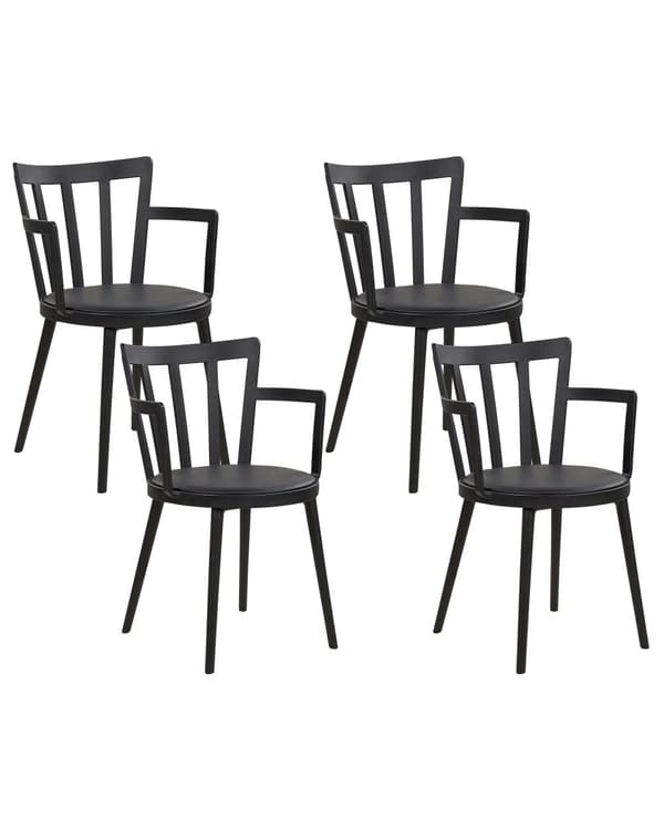 Spisebordsstole Sort Plast Sæt af 4 Spisestuestole med Armlæn Stole med Tremmeryg Moderne Stil Spisestole til Spisestue