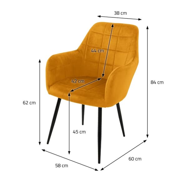 Matstolar med ryggstöd &amp; armstöd set om 2 senapsfärgad sammetsklädsel med metallben ML-design