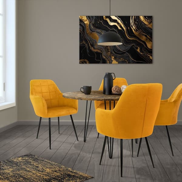 Matstolar med ryggstöd &amp; armstöd set om 2 senapsfärgad sammetsklädsel med metallben ML-design