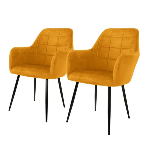 Matstolar med ryggstöd &amp; armstöd set om 2 senapsfärgad sammetsklädsel med metallben ML-design