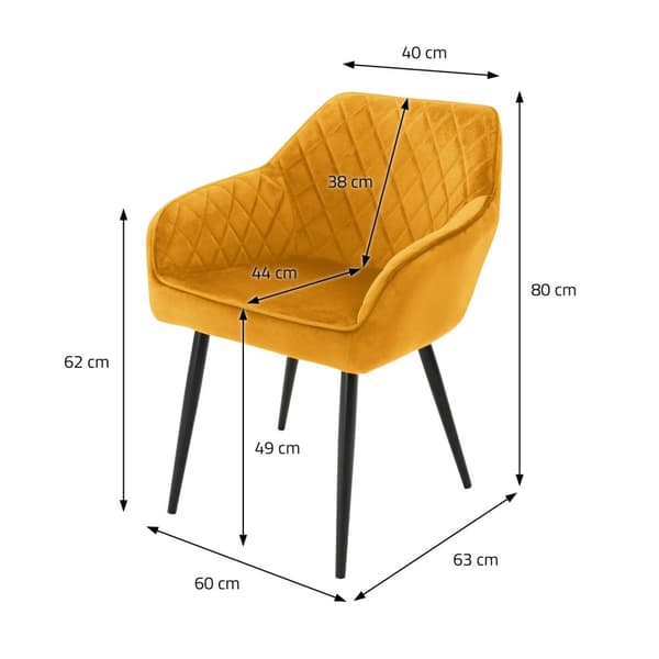 Spisebordsstole med ryglæn og armlæn sæt med 2 sennepsfarvet velourbetræk med metalben ML-design