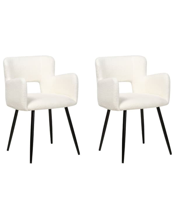 Sett med 2 Spisestoler Hvit bouclé med armlener Utskåret ryggstøtte Svarte metallben Moderne design