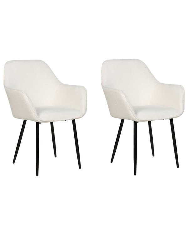 Sett med 2 Spisestoler Hvit Boucle med armlener Svarte metallben Moderne design