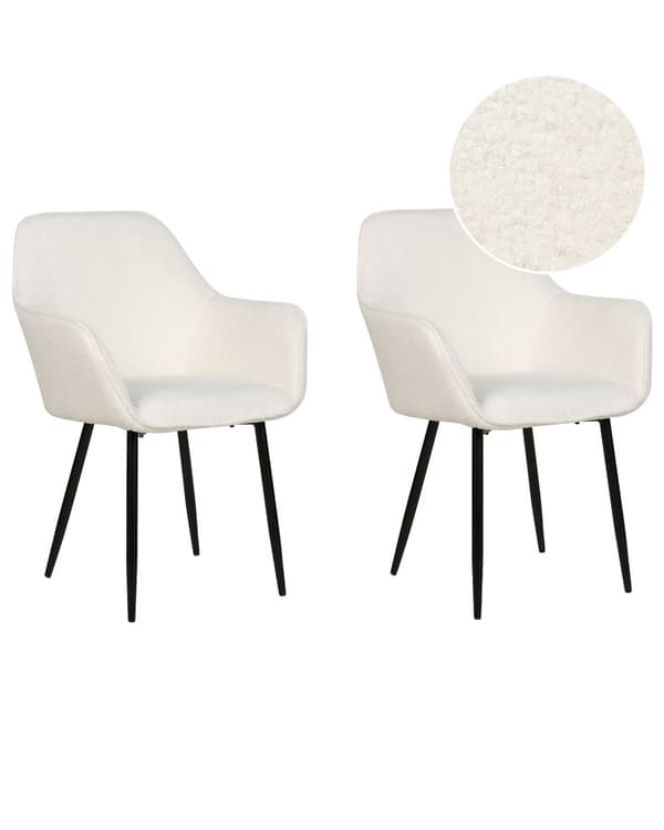 Sett med 2 Spisestoler Hvit Boucle med armlener Svarte metallben Moderne design