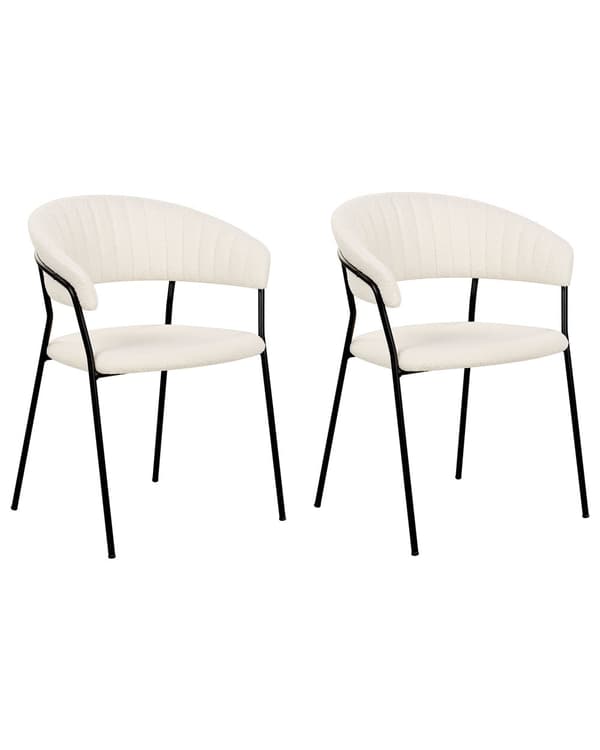 Sett med 2 spisestuestoler Off-White Boucle-stofftrekk Svarte metallben med armlener Buet ryggstøtte Moderne, moderne design