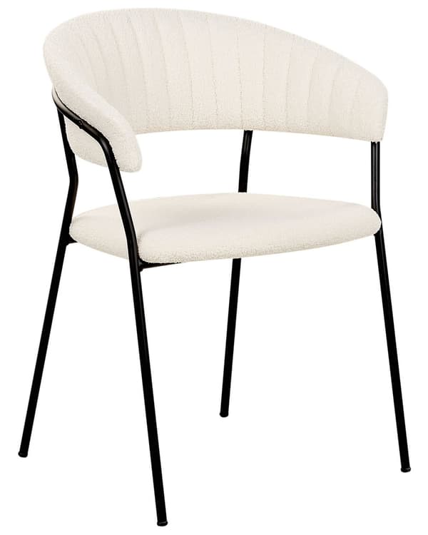 Sett med 2 spisestuestoler Off-White Boucle-stofftrekk Svarte metallben med armlener Buet ryggstøtte Moderne, moderne design