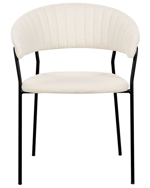 Sett med 2 spisestuestoler Off-White Boucle-stofftrekk Svarte metallben med armlener Buet ryggstøtte Moderne, moderne design