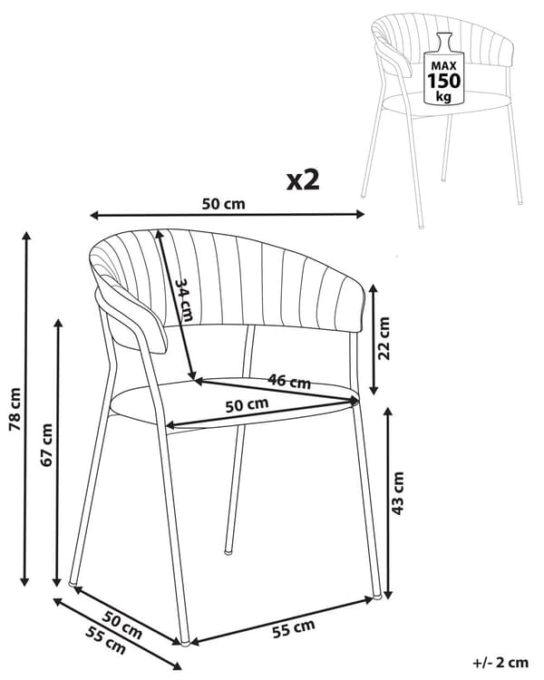 Sett med 2 spisebordsstoler Grå Boucle-stoffkledning Svarte metallben med armlener Buet ryggstøtte Moderne, moderne design