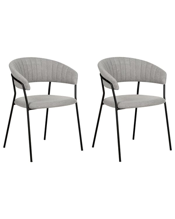 Sett med 2 spisebordsstoler Grå Boucle-stoffkledning Svarte metallben med armlener Buet ryggstøtte Moderne, moderne design