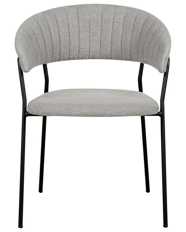 Sett med 2 spisebordsstoler Grå Boucle-stoffkledning Svarte metallben med armlener Buet ryggstøtte Moderne, moderne design