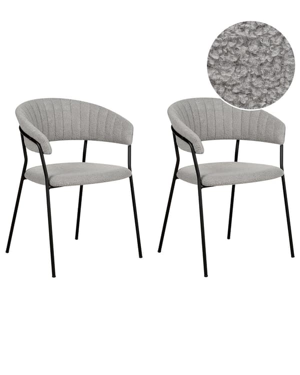 Sett med 2 spisebordsstoler Grå Boucle-stoffkledning Svarte metallben med armlener Buet ryggstøtte Moderne, moderne design