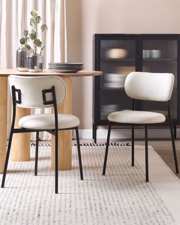 Set med 2 Matstolar Beige Polyester Sitsar Armlösa Metallben för Matsal Kök