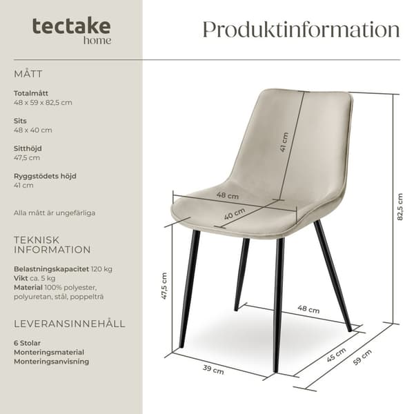 Set med stolar i sammetslook Monroe - creme, Uppsättning om 6