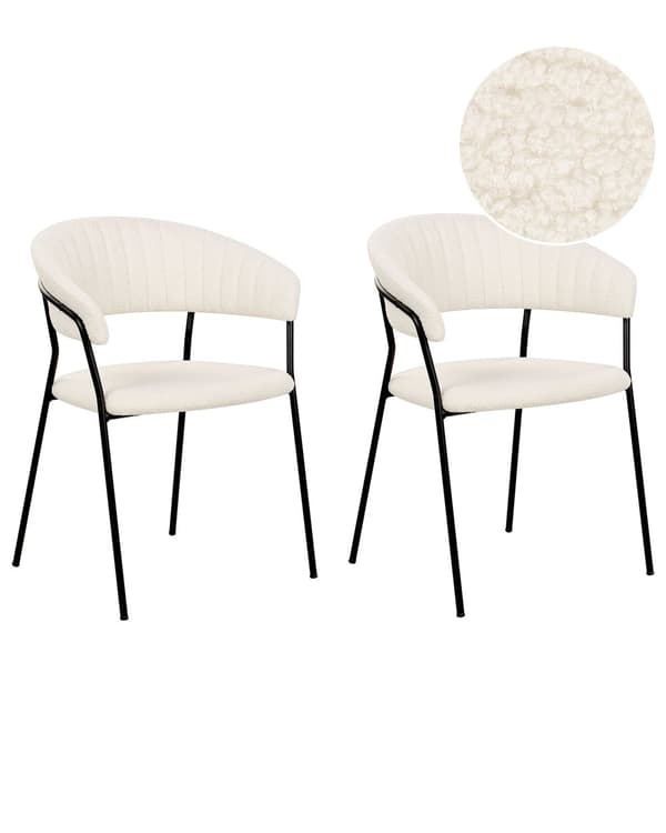 Set med 2 matstolar Off-White Boucle tygklädsel Svarta metallben med armstöd Böjt ryggstöd Modern modern design
