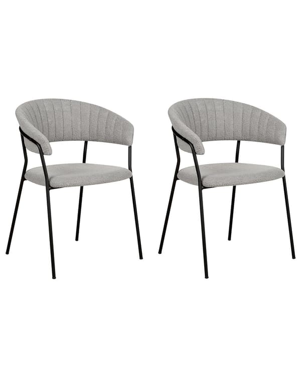 Set om 2 matstolar Grey Boucle tygklädsel Svarta metallben med armstöd Böjt ryggstöd Modern och samtida design