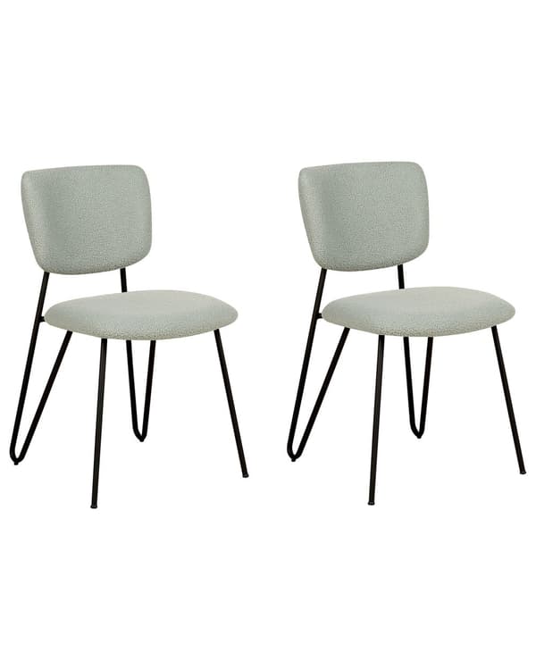 Uppsättning med 2 matstolar Ljusgrön Boucle-klädsel Svarta metallben Armlöst böjt ryggstöd Modern modern design
