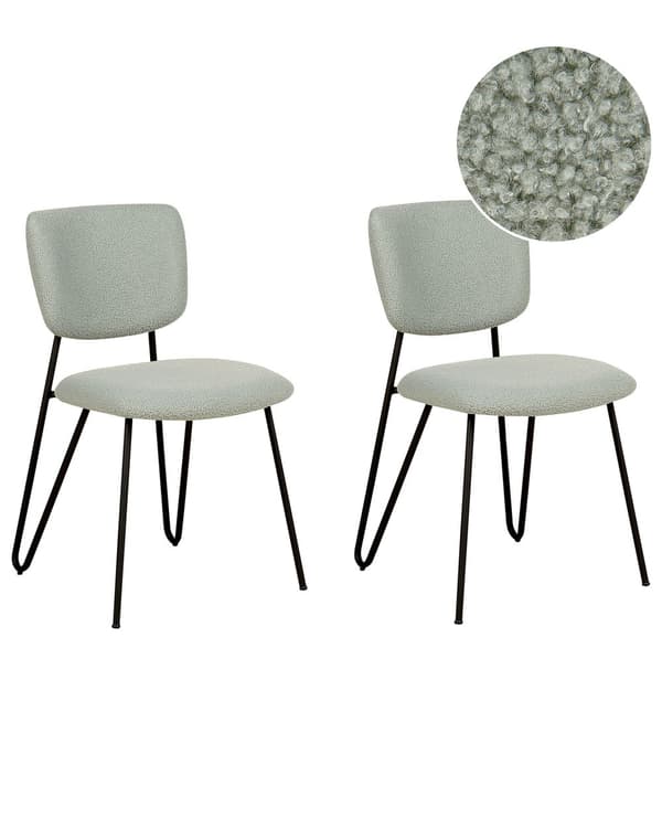 Uppsättning med 2 matstolar Ljusgrön Boucle-klädsel Svarta metallben Armlöst böjt ryggstöd Modern modern design