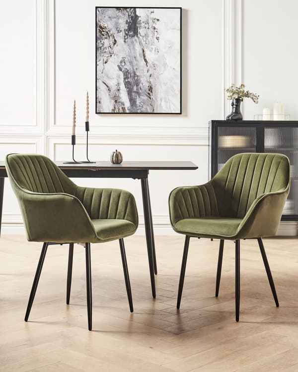 Set av 2 Matstolar Olivgrön Sammet Armstöd Svarta Metallben Retro Glam