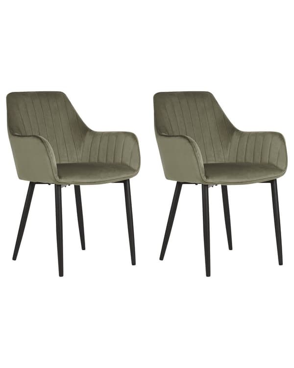 Set av 2 Matstolar Olivgrön Sammet Armstöd Svarta Metallben Retro Glam
