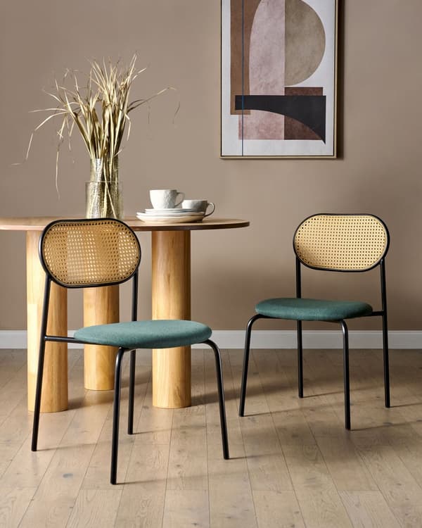 Set om 2 Matstolar Svart Metallram Beige Tygsits Ryggstöd med Wiensk Flätning Retro Sittmöbler Kök Matsal
