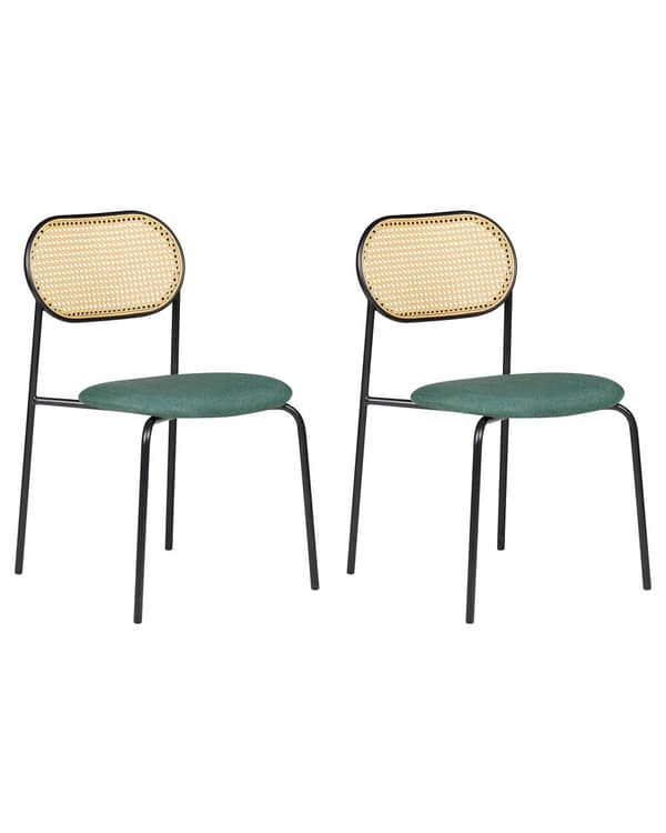 Set om 2 Matstolar Svart Metallram Beige Tygsits Ryggstöd med Wiensk Flätning Retro Sittmöbler Kök Matsal
