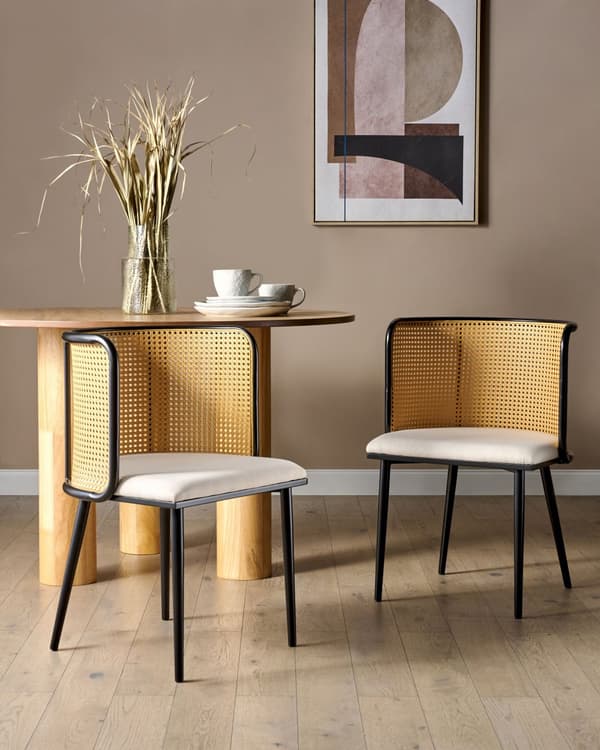 Set om 2 Matstolar Svart Metallram Beige Tygsits Ryggstöd med Wiensk Flätning Retro Sittmöbler Matsal Sovrum