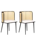 Miniatyrbild 1 av 10: Set om 2 Matstolar Svart Metallram Beige Tygsits Ryggstöd med Wiensk Flätning Retro Sittmöbler Matsal Sovrum