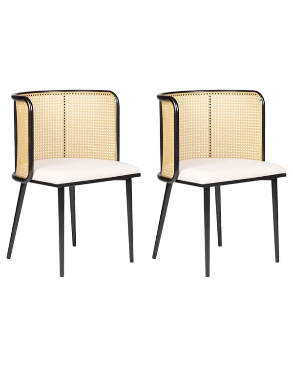 Set om 2 Matstolar Svart Metallram Beige Tygsits Ryggstöd med Wiensk Flätning Retro Sittmöbler Matsal Sovrum