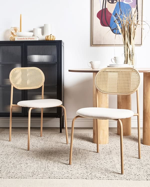 Sett med 2 Spisestoler Metallramme Lyst Tre Beige Stoffsete Wienerflette Ryggstøtte Retro Sitteplasser