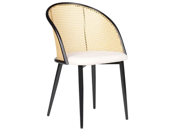 Sett med 2 spisestoler med svart metallramme og beige stoffsete med wienerflettede ryggstøtter Retro sitteplasser